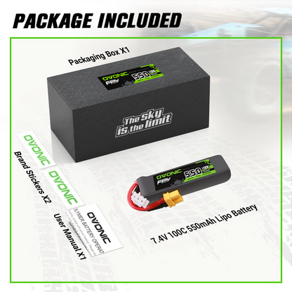 OVONIC 7.4V 100C 550mAh 2S LiPo Battery with XT30 Plug for Micro FPV Drones