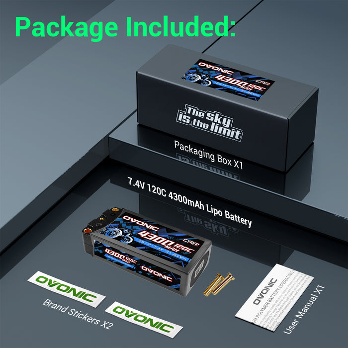 Ovonic 7.4V 120C 4300mAh 2S LiPo Hardcase Battery with 5.0mm Bullet Connector for 1/10 RC Racing & High-Speed Bashing