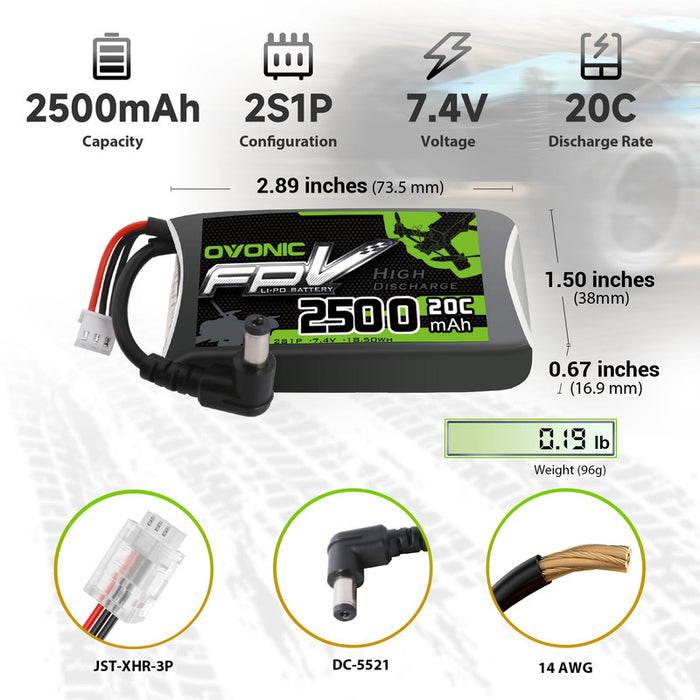 OVONIC 7.4V 20C 2500mAh 2S Lipo Battery with DC-5521 Plug for FPV Fatshark Goggles