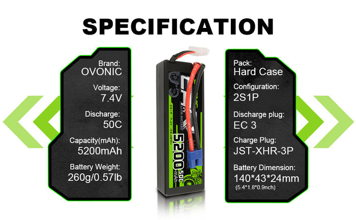 OVONIC 7.4V 5200mAh 2S1P 50C Hardcase Lipo Battery 24# with XT60 Plug for RC Car Trucks