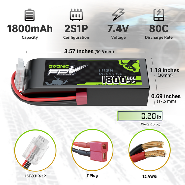 OVONIC 7.4V 80C 1800mAh 2S Lipo Battery with T Plug for 2S FPV Quads Fixed-Wing FPV Planes