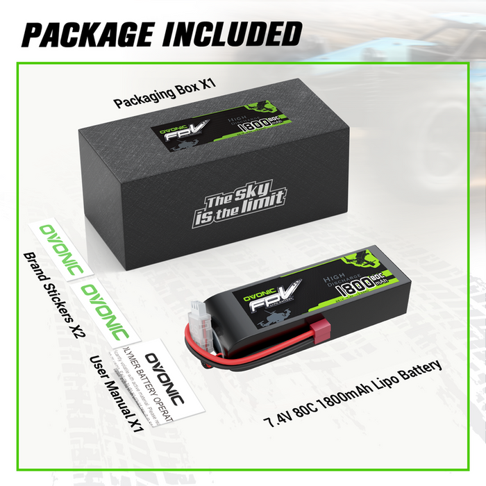 OVONIC 7.4V 80C 1800mAh 2S Lipo Battery with T Plug for 2S FPV Quads Fixed-Wing FPV Planes