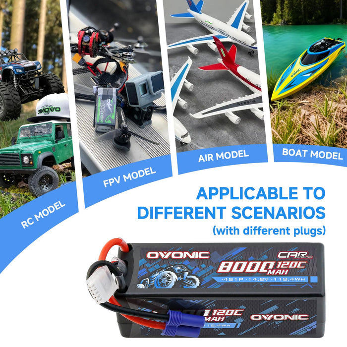 Ovonic 8000mAh 14.8V 120C 4S Hardcase LiPo Battery Pack with EC5 Plug for 1/8 and 1/6 Scale RC Cars and Trucks