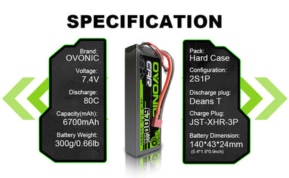 Ovonic 80C 6700mAh 2S 7.4V Hardcase LiPo Battery for 1/10 Stampede Slash Car(2packs) - Deans Plug