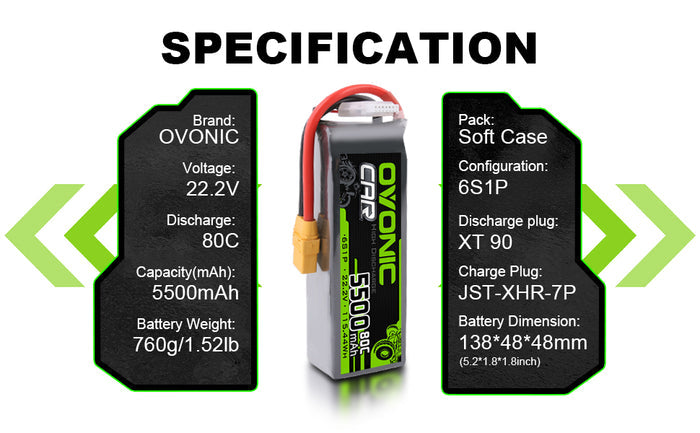 Ovonic 80C 6S 5500mAh LiPo Battery 22.2V with XT90 for RC Car Airplane Heli 1Pcs/2Pcs