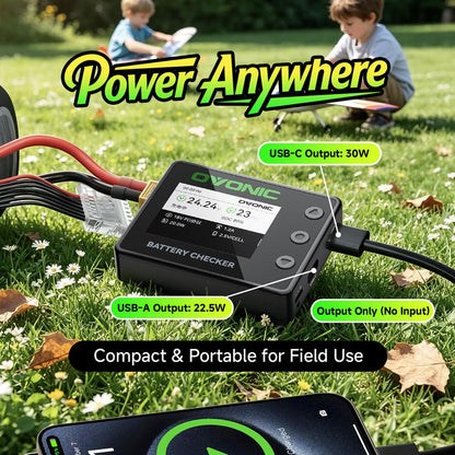OVONIC C30 Smart Battery Checker, Cell Balancer for 1S-8S LiPo, LiHV, LiFe & Li-ion Batteries, PWM/PPM Servo Tester, 30W USB-C PD & 22.5W USB-A Fast Output