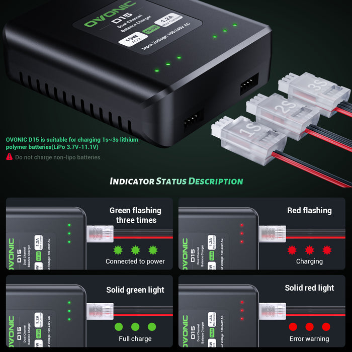 OVONIC D15 Dual Lipo Battery Charger 30W AC100-240V LiPo Balance Charger for 1S-3S LiPo Battery Charging