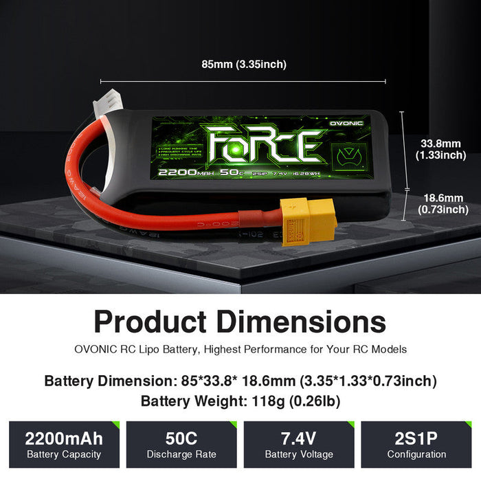 Ovonic Force 2S 2200mAh 50C 7.4V LiPo Battery w/XT60 to TRA Plug for 1/16 RC Truck, Crawler & Scale Model