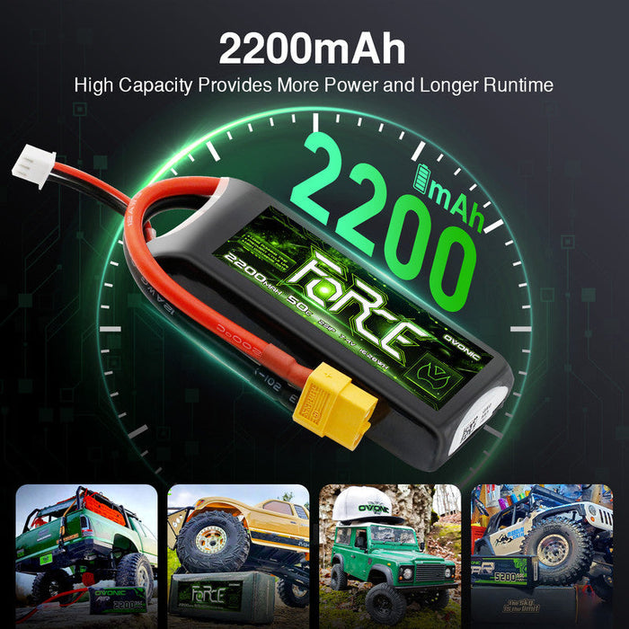 Ovonic Force 2S 2200mAh 50C 7.4V LiPo Battery w/XT60 to TRA Plug for 1/16 RC Truck, Crawler & Scale Model