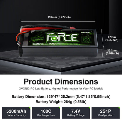 Ovonic Force 2S 5200mAh 100C 7.4V Hardcase LiPo w/ Deans Plug & Checker for 1/10 Short Course Truck & Race Buggy