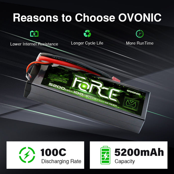 Ovonic Force 2S 5200mAh 100C 7.4V Hardcase LiPo w/ Deans Plug & Checker for 1/10 Short Course Truck & Race Buggy
