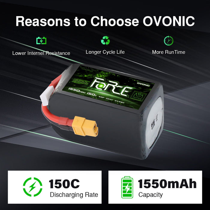Ovonic Force 6S 1550mAh 150C 22.2V LiPo Battery w/ XT60 Plug for Aggressive FPV Freestyle & 7-inch Mid-Range Quad