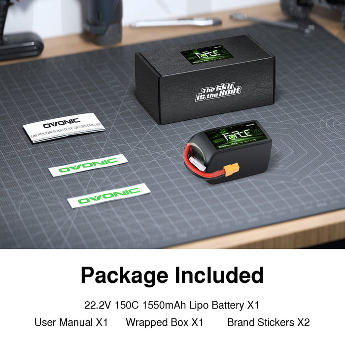 Ovonic Force 6S 1550mAh 150C 22.2V LiPo Battery w/ XT60 Plug for Aggressive FPV Freestyle & 7-inch Mid-Range Quad