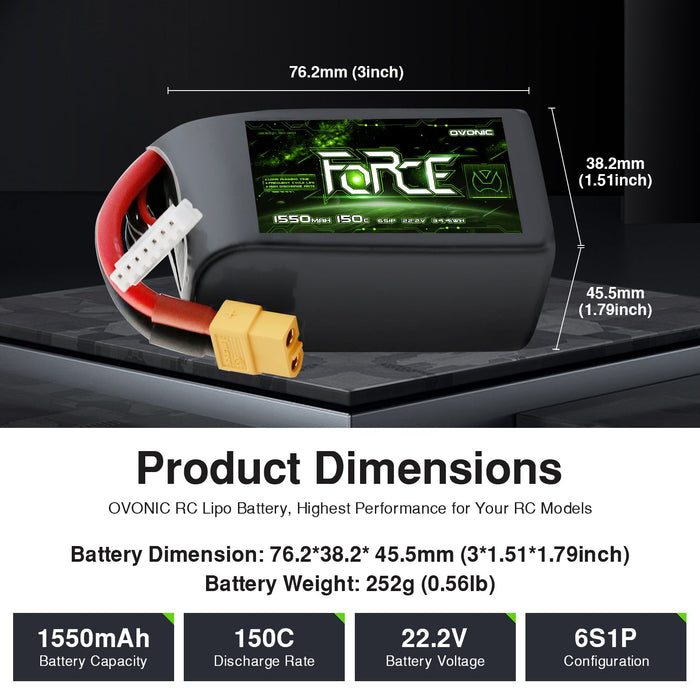 Ovonic Force 6S 1550mAh 150C 22.2V LiPo Battery w/ XT60 Plug for Aggressive FPV Freestyle & 7-inch Mid-Range Quad