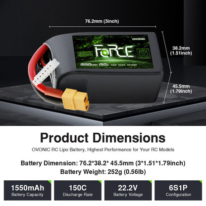 Ovonic Force 6S 1550mAh 150C 22.2V LiPo Battery w/ XT60 Plug for Aggressive FPV Freestyle & 7-inch Mid-Range Quad