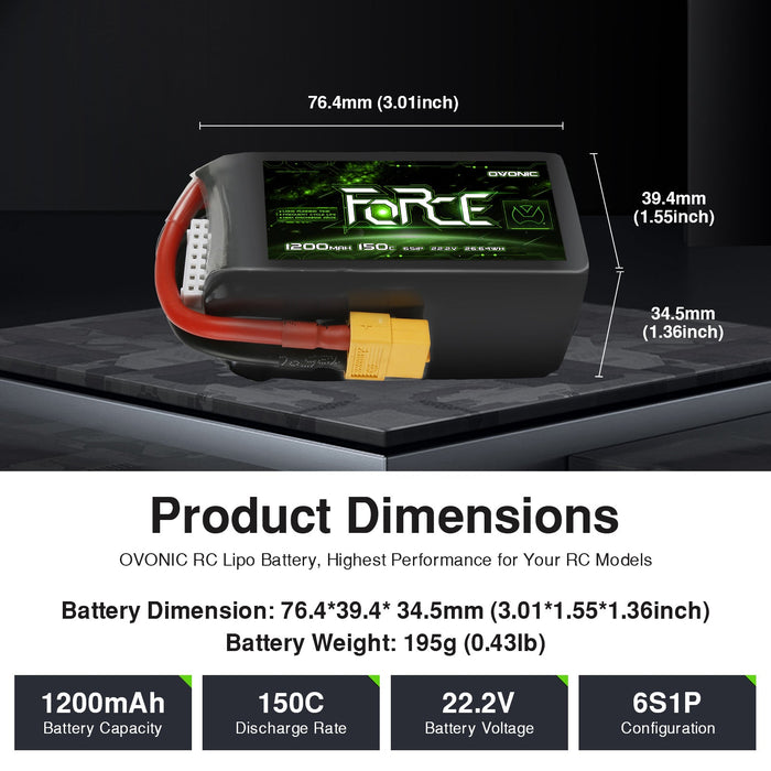 Ovonic Force Extreme 6S 1200mAh 150C 22.2V LiPo Battery Pack w/ XT60 Plug for Pro FPV Racing, High-Speed Freestyle Drone