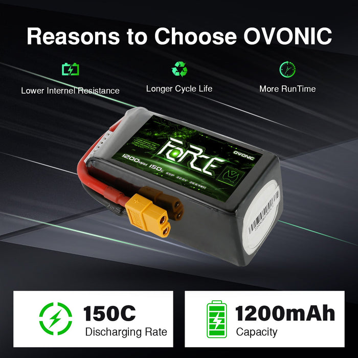 Ovonic Force Extreme 6S 1200mAh 150C 22.2V LiPo Battery Pack w/ XT60 Plug for Pro FPV Racing, High-Speed Freestyle Drone