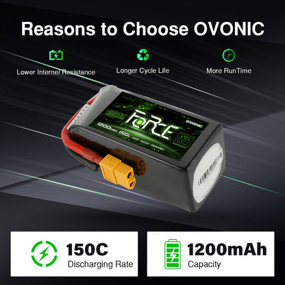 Ovonic Force Extreme 6S 1200mAh 150C 22.2V LiPo Battery Pack w/ XT60 Plug for Pro FPV Racing, High-Speed Freestyle Drone