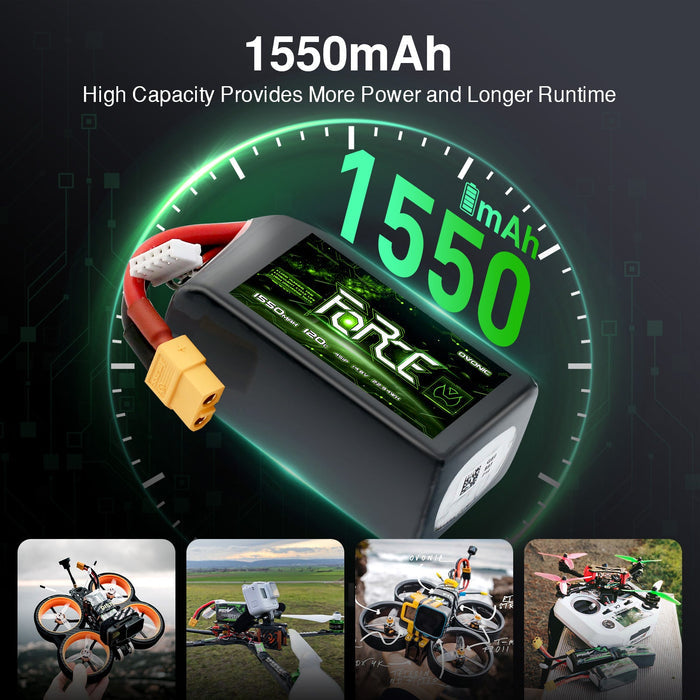 Ovonic Force High Discharge 4S 1550mAh 120C 14.8V FPV LiPo Battery Pack with XT60 Plug for 5-inch Racing/Freestyle Quad, 220mm-250mm Drones