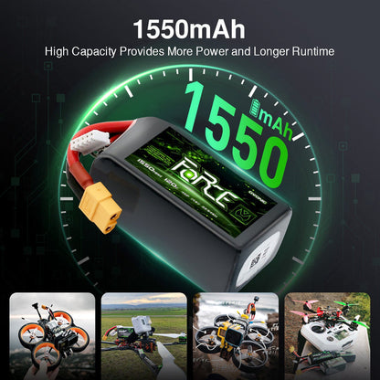 Ovonic Force High Discharge 4S 1550mAh 120C 14.8V FPV LiPo Battery Pack with XT60 Plug for 5-inch Racing/Freestyle Quad, 220mm-250mm Drones