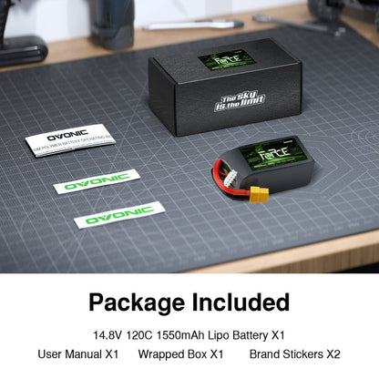 Ovonic Force High Discharge 4S 1550mAh 120C 14.8V FPV LiPo Battery Pack with XT60 Plug for 5-inch Racing/Freestyle Quad, 220mm-250mm Drones