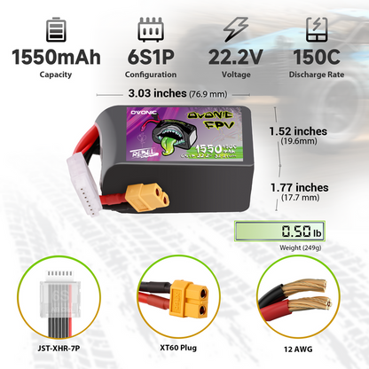 OVONIC R-Line 5.0 1550mAh 6S 150C 22.2V Lipo Battery with XT60 Plug