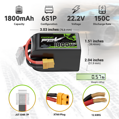 OVONIC R-Line Version 5.0 1800mAh 6S 150C 22.2V Lipo Battery with XT60 Plug