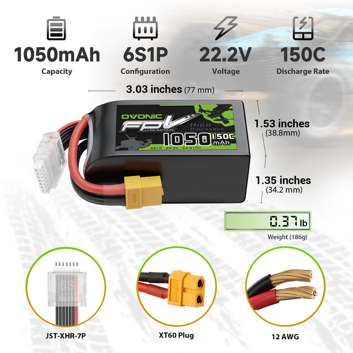 1 x Ovonic R-Line Version 5.0 1050mAh 6S 22.2V 150C Lipo Battery with XT60 Plug