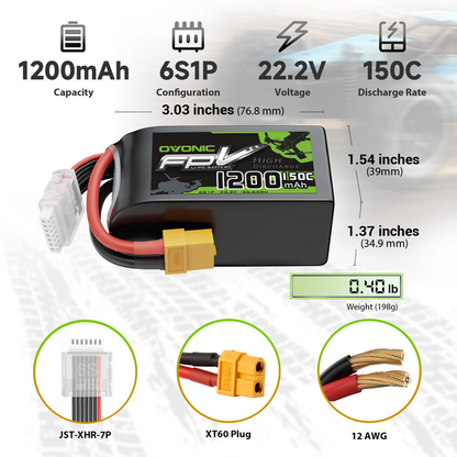 1 x Ovonic R-Line Version 5.0 1200mAh 6S 22.2V 150C Lipo Battery with XT60 Plug