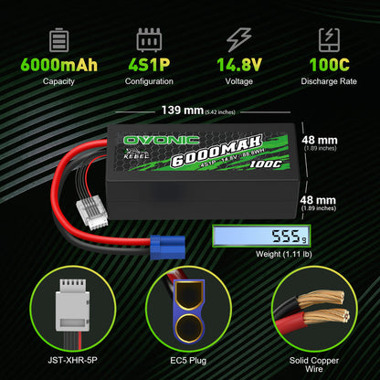 Ovonic Rebel 100C 14.8V 6000mAh 4S LiPo battery with EC5 plug for Arrma Outcast Kraton Truck