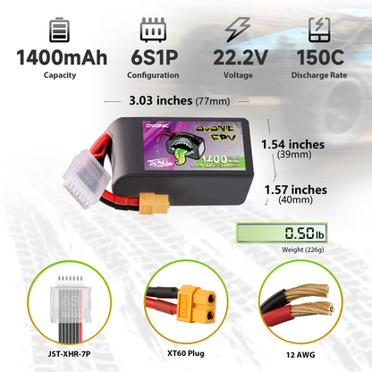 Ovonic Rebel 2.0 6S 1400mAh 150C LiPo Battery w/XT60 for 5-6 inch FPV Racing & Freestyle (2/4 Pack)