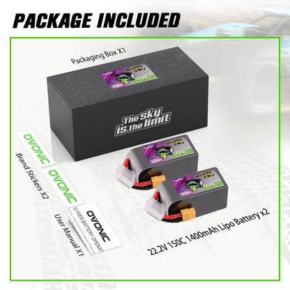 Ovonic Rebel 2.0 6S 1400mAh 150C LiPo Battery w/XT60 for 5-6 inch FPV Racing & Freestyle (2/4 Pack)