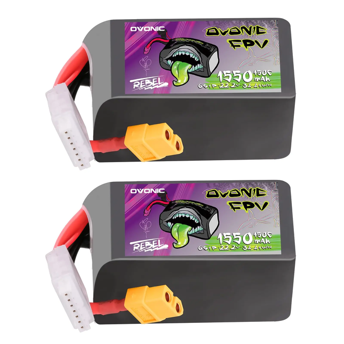 Ovonic Rebel 2.0 6S 1550mAh 150C LiPo Battery w/XT60 for 5-6" FPV Racing & Freestyle (2/4 Pack)