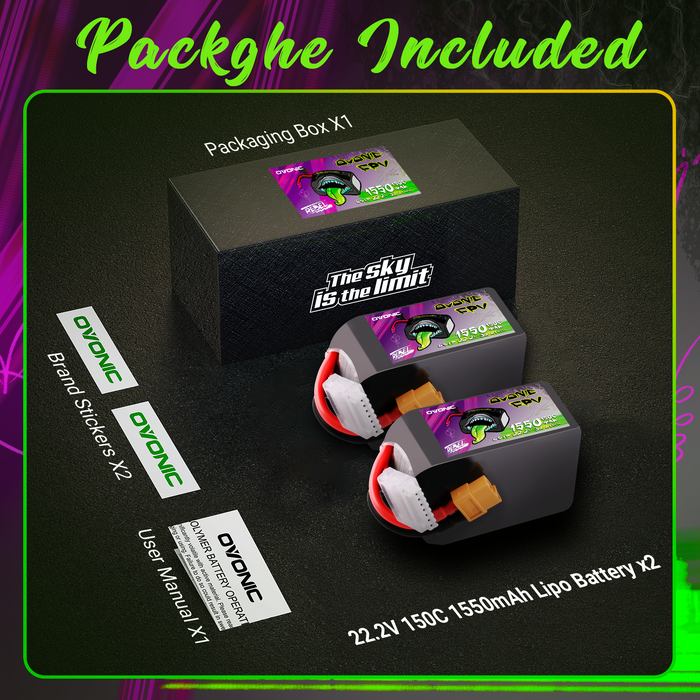 Ovonic Rebel 2.0 6S 1550mAh 150C LiPo Battery w/XT60 for 5-6" FPV Racing & Freestyle (2/4 Pack)