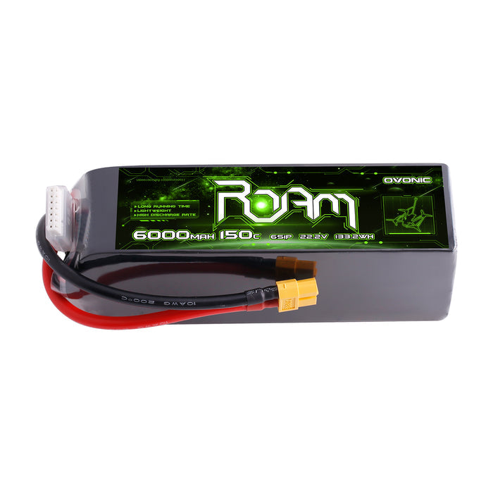 OVONIC Roam Series 22.2V 6000mAh 150C 6S Softcase LiPo Battery Pack with XT90-S Anti-Spark or XT60 Plug Options for 7–10 Inch FPV Cinelifters, Long-Range Drones & RC Helicopters