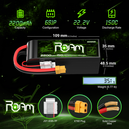 Ovonic Roam Series 6S Lipo Battery 2200mAh 6S1P 150C 22.2V Long Range Lipo Battery with XT60 Plug for 6-7 Inch Long Range 6s HD Cinelifter FPV Quad(1/2/4 Pack)