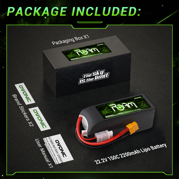 Ovonic Roam Series 6S Lipo Battery 2200mAh 6S1P 150C 22.2V Long Range Lipo Battery with XT60 Plug for 6-7 Inch Long Range 6s HD Cinelifter FPV Quad(1/2/4 Pack)