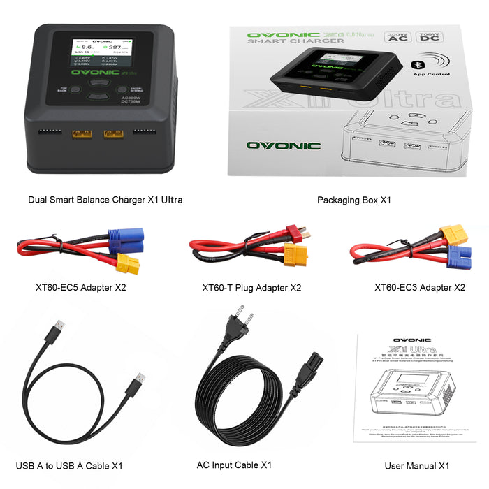 Ovonic X1 Ultra Bluetooth Smart Charger | AC 300W/DC 700W Dual Channel LiPo Balance Charger | 16A High-Speed Charging & App Control for 1-6S RC Batteries
