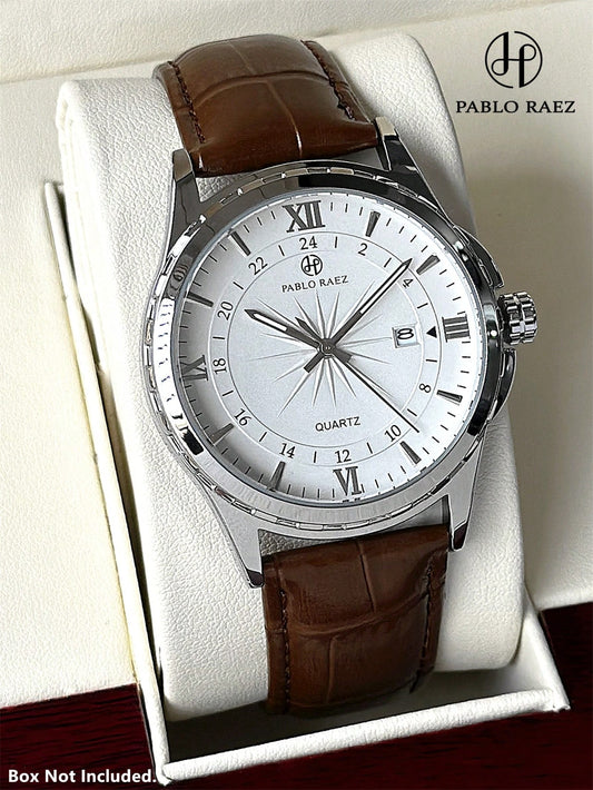 Pablo Raez Men's Business Watch, SUS304 Stainless Steel Silver IPS Case, Luxury Black Soft Comfortable Ultra-Fine Fiber PU Leather Strap, Fashionable Large Dial With Date Display, 50m Water Resistant
