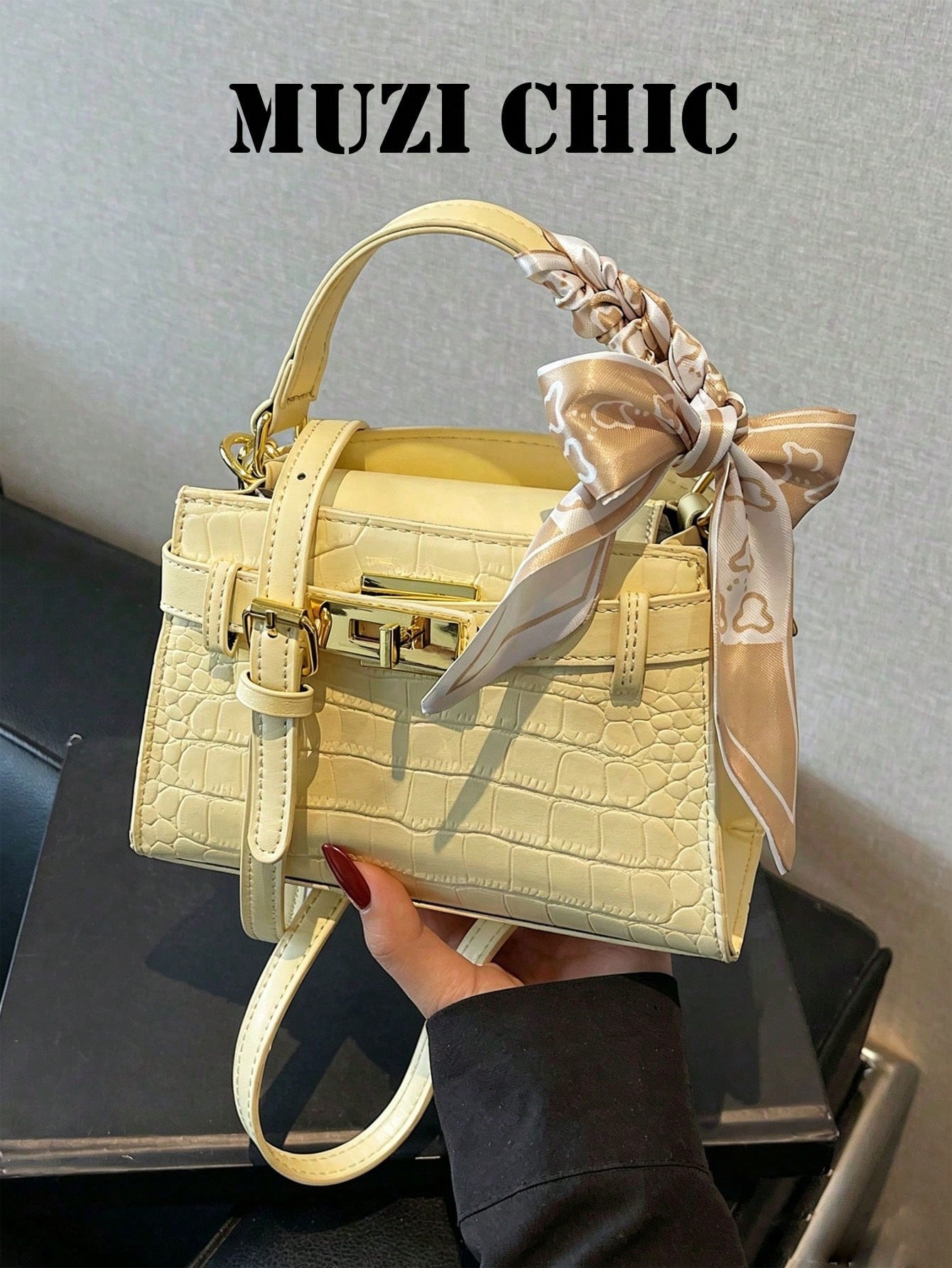 Pale Yellow Crocodile Embossed Mini Handbag With Printed Silk Scarf Bow, Small Belt Decor Purse For Dating Daily Wear