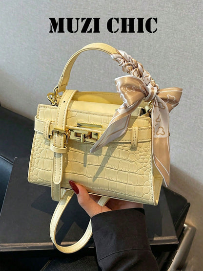 Pale Yellow Crocodile Embossed Mini Handbag With Printed Silk Scarf Bow, Small Belt Decor Purse For Dating Daily Wear