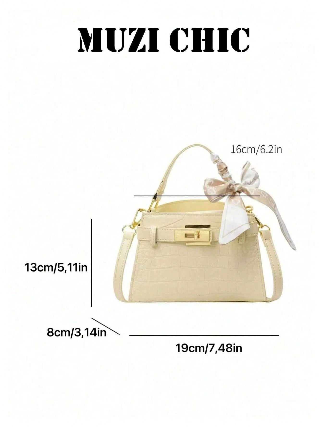 Pale Yellow Crocodile Embossed Mini Handbag With Printed Silk Scarf Bow, Small Belt Decor Purse For Dating Daily Wear