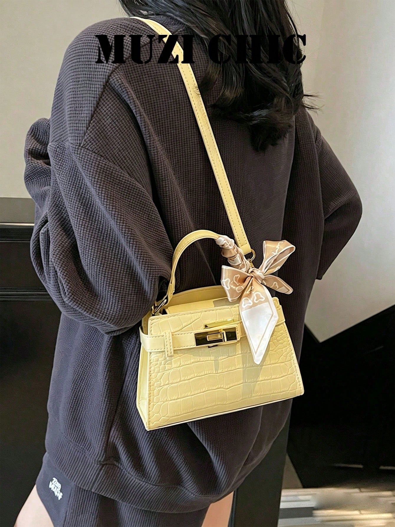 Pale Yellow Crocodile Embossed Mini Handbag With Printed Silk Scarf Bow, Small Belt Decor Purse For Dating Daily Wear