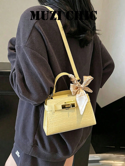 Pale Yellow Crocodile Embossed Mini Handbag With Printed Silk Scarf Bow, Small Belt Decor Purse For Dating Daily Wear