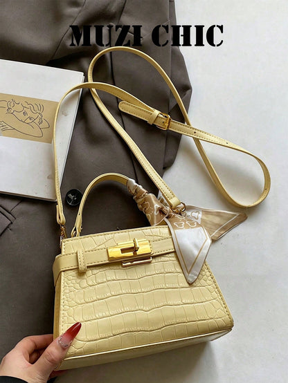 Pale Yellow Crocodile Embossed Mini Handbag With Printed Silk Scarf Bow, Small Belt Decor Purse For Dating Daily Wear