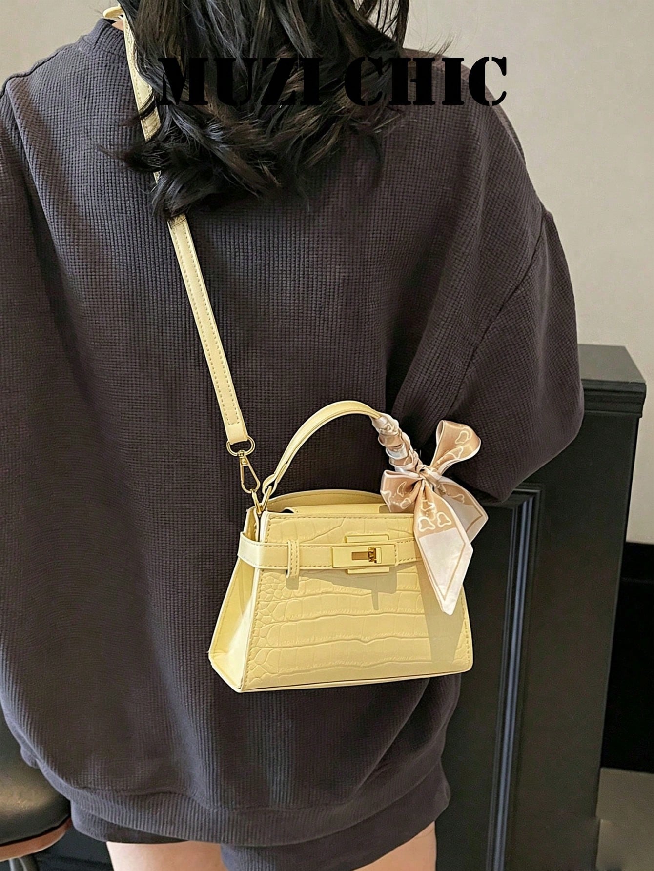 Pale Yellow Crocodile Embossed Mini Handbag With Printed Silk Scarf Bow, Small Belt Decor Purse For Dating Daily Wear