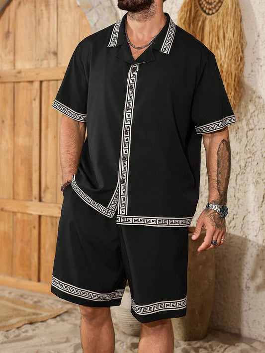 Palmeraft Plus Size Men's Geometric Print Short Sleeve Single-Breasted Shirt & Shorts Casual Set, Big And Tall Men Black Two Piece Holiday