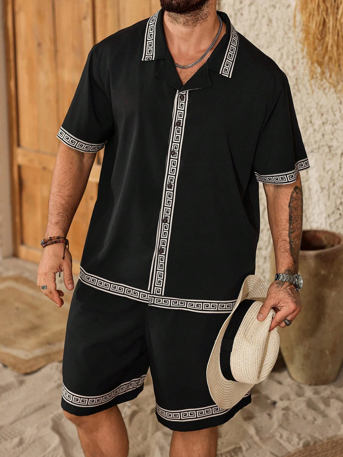 Palmeraft Plus Size Men's Geometric Print Short Sleeve Single-Breasted Shirt & Shorts Casual Set, Big And Tall Men Black Two Piece Holiday