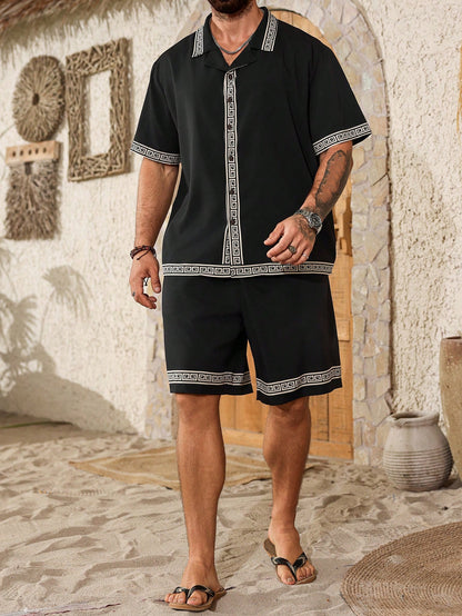 Palmeraft Plus Size Men's Geometric Print Short Sleeve Single-Breasted Shirt & Shorts Casual Set, Big And Tall Men Black Two Piece Holiday