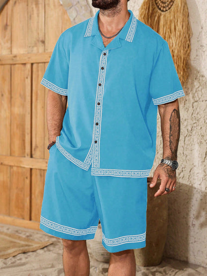Palmeraft Plus Size Men's Geometric Print Short Sleeve Single-Breasted Shirt & Shorts Casual Set, Big And Tall Men Black Two Piece Holiday
